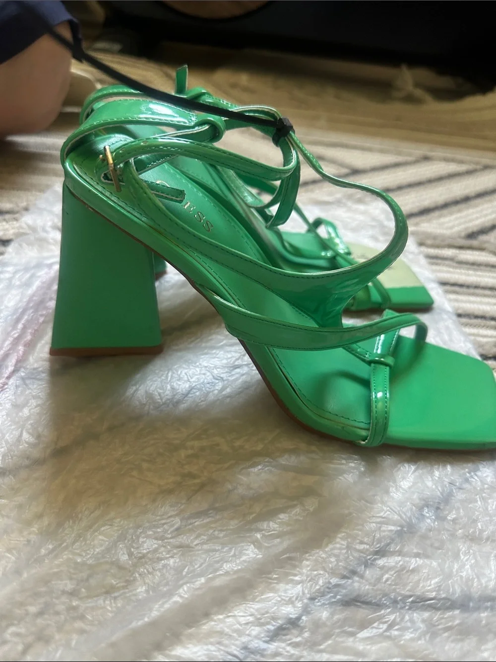 Guess Green Patent Strappy Square-Toe Heels